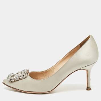 Pre Owned Manolo Blahnik Grey Satin Hangisi Crystal Embellished Pointed Toe Pumps Size 36.5