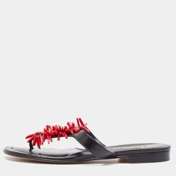 Pre Owned Manolo Blahnik Black Leather Embellished Thong Flats Size 37.5