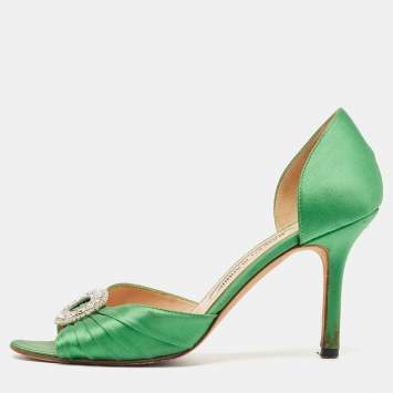 Pre Owned Manolo Blahnik Green Pleated Satin Sedaraby Pumps Size 37