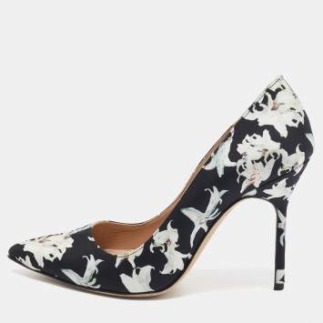 Pre Owned Manolo Blahnik Black/White Printed Floral Fabric BB Pumps Size 37