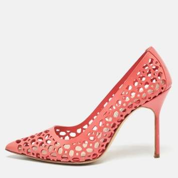 Pre Owned Manolo Blahnik Coral Pink Lasercut Leather BB Laserato Pumps Size 37