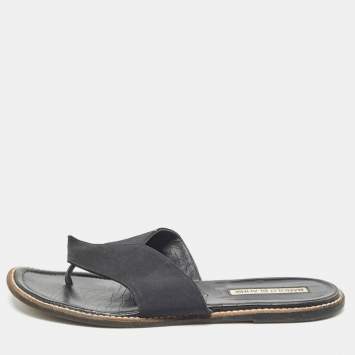Pre Owned Manolo Blahnik Black Canvas Thong Flat Slides Size 37.5
