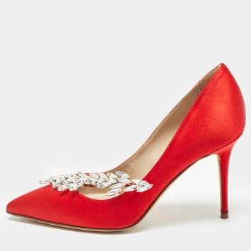 Pre Owned Manolo Blahnik Red Satin Nadira Pumps Size 34