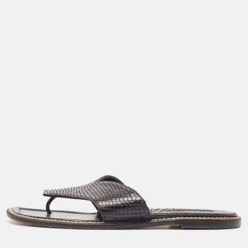Pre Owned Manolo Blahnik Black Python Flat Slides Size 36.5