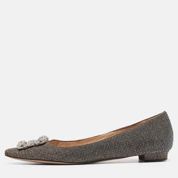 Pre Owned Manolo Blahnik Silver/Gold Glitter Hangisi Ballet Flats Size 40.5