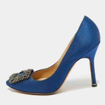 Pre Owned Manolo Blahnik Blue Satin Hangisi Pumps Size 35