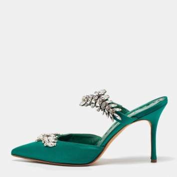 Pre Owned Manolo Blahnik Green Satin Lurum Heel Mules Size 38