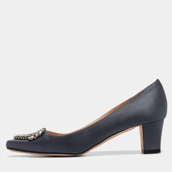 Pre Owned Manolo Blahnik Grey Satin Okkato Block Heel Pumps Size 36.5