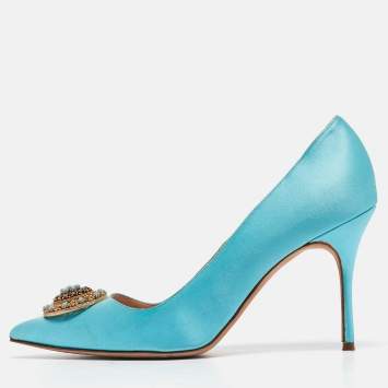 Pre Owned Manolo Blahnik Blue Satin Giuba Pumps Size 40