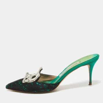 Pre Owned Manolo Blahnik Black Satin and Suede Borli Mules 39.5