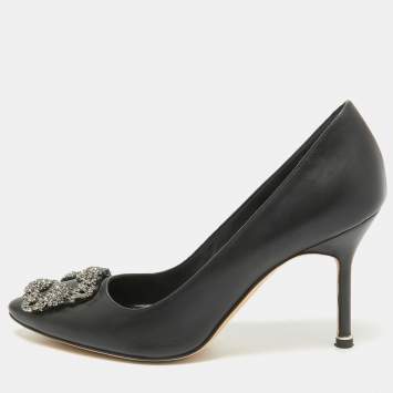 Pre Owned Manolo Blahnik Black Leather Hangisi Pumps Size 37.5