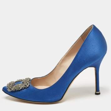 Pre Owned Manolo Blahnik Blue Satin Hangisi Pumps Size 37.5