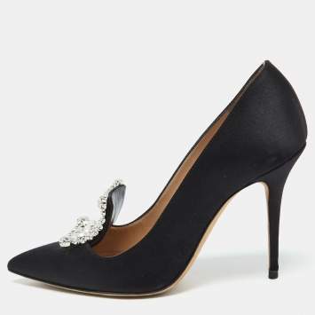 Pre Owned Manolo Blahnik Black Satin Borlak Crystal Embellished Pointed Toe Pumps Size 36.5