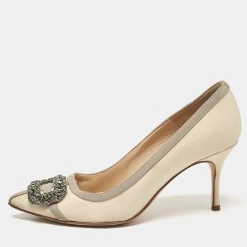 Pre Owned Manolo Blahnik Cream/Grey Canvas and Fabric Gotrian Pumps Size 36.5