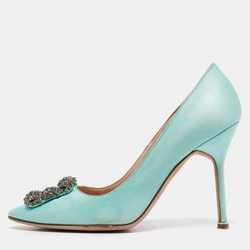 Pre Owned Manolo Blahnik Aqua Blue Satin Hangisi Pumps Size 38
