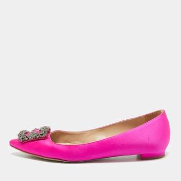 Pre Owned Manolo Blahnik Pink Satin Hangisi Ballet Flats Size 37.5