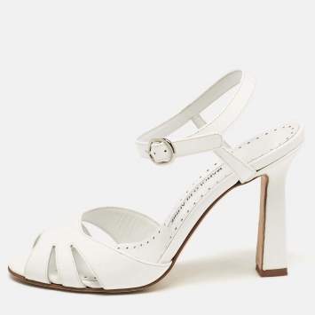 Pre Owned Manolo Blahnik White Patent Leather Ankle Strap Sandals Size 37
