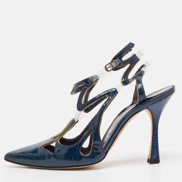 Pre Owned Manolo Blahnik Blue Patent Leather and PVC Pumps Size 37.5