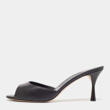 Pre Owned Manolo Blahnik Black Leather Jada Slide Sandals Size 38.5