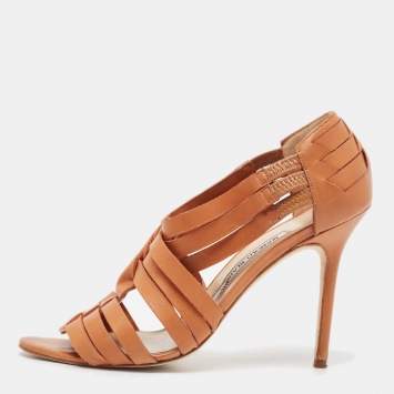 مملوكة مسبقًا Manolo Blahnik Brown Leather Ankle Strap Sandals Size 38.5