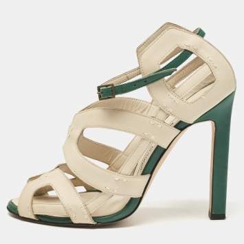 Pre Owned Manolo Blahnik Cream Leather Ankle Strap Sandals Size 37.5