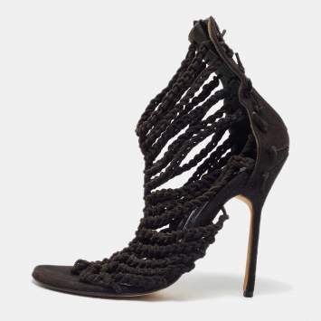 Pre Owned Manolo Blahnik Black Suede Braided Ankle Strap Sandals Size 36.5
