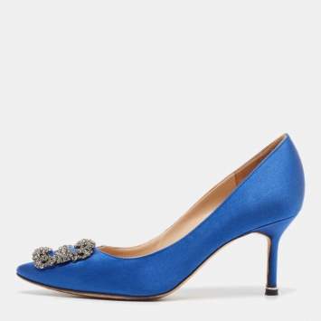 Pre Owned Manolo Blahnik Blue Satin Hangisi Pumps Size 37.5