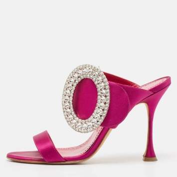 Pre Owned Manolo Blahnik Purple Satin Fibiona Slide Sandals Size 38.5