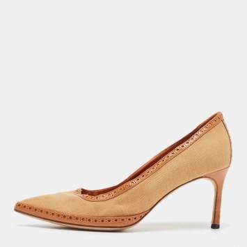 Pre Owned Manolo Blahnik Brown Canvas and Leather Pointed Toe Pumps Size 36.5