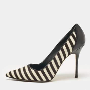 Pre Owned Manolo Blahnik Black Calfhair and Leather Stiped Pumps Size 38