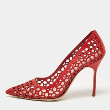 Pre Owned Manolo Blahnik Red Leather Laserato BB Pumps Size 37.5