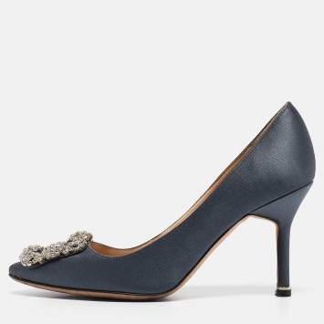 Pre Owned Manolo Blahnik Grey Satin Hangisi Pumps Size 35