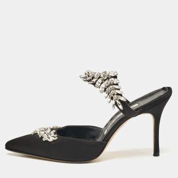 Pre Owned Manolo Blahnik Black Satin Crystal Embellished Lurum Mules Size 37