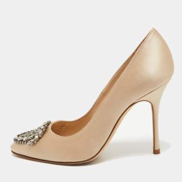 Pre Owned Manolo Blahnik Beige Satin Okkaava Pumps Size 35.5