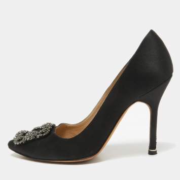 Pre Owned Manolo Blahnik Black Satin Hangisi Pumps Size 36.5