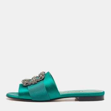 Pre Owned Manolo Blahnik Green Canvas and Satin Martamod Flat Slides Size 38