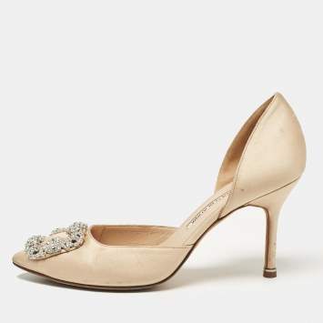 Pre Owned Manolo Blahnik Beige Satin Hangisi D'orsay Pumps Size 38