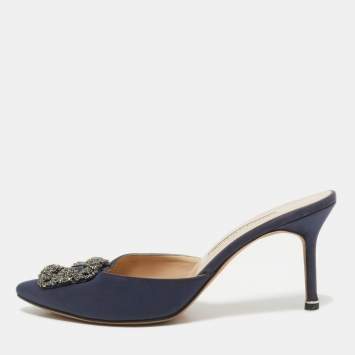 Pre Owned Manolo Blahnik Navy Blue Satin Hangisi Mules Size 40