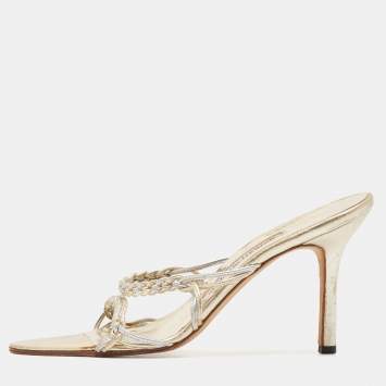 Pre Owned Manolo Blahnik Silver/Gold Leather Braided Slide Sandals Size 38