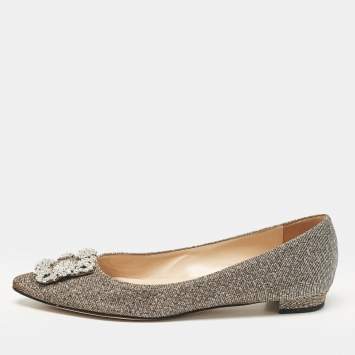 Pre Owned Manolo Blahnik Gold/Silver Glitter Fabric Hangisi Ballet Flats Size 38