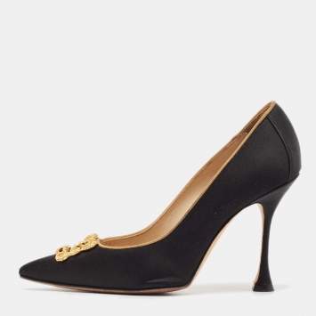 Pre Owned Manolo Blahnik Black Satin Embellished Pointed Toe Pumps Size 37.5