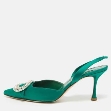 مملوكة مسبقًا Manolo Blahnik Green Satin Fiboslac Slingback Pumps Size 40