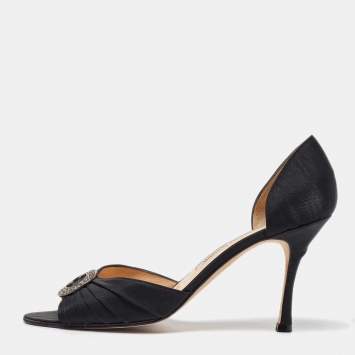Pre Owned Manolo Blahnik Black Satin Pleated Sedaraby D'orsay Pumps Size 40.5