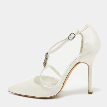 Pre Owned Manolo Blahnik White Satin Strappy D'orsay Pumps Size 40