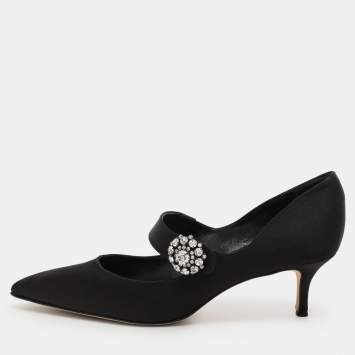Pre Owned Manolo Blahnik Black Satin Verna Pumps Size 40