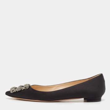 Pre Owned Manolo Blahnik Black Satin Hangisi Ballet Flats Size 37.5