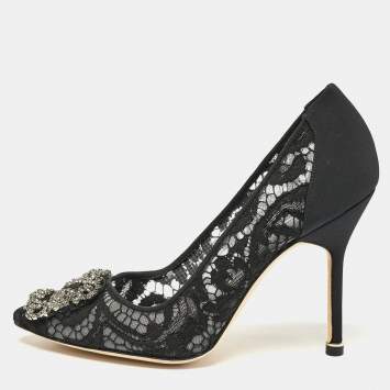 Pre Owned Manolo Blahnik Black Lace and Satin Hangisi Crystal Embellished Pumps Size 36.5