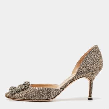 Pre Owned Manolo Blahnik Gold/Silver Lurex Fabric Hangisido Pumps Size 37