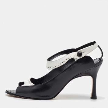 Manolo Blahnik Black/White Leather Brogue Slingback Sandals Size 38.5