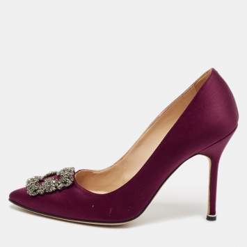 Pre Owned Manolo Blahnik Burgundy Satin Hangisi Crystal Embellished Pumps Size 40